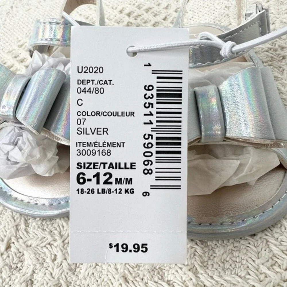 Children's Place Baby Girls Holographic Bow Sandals Metallic Silver Faux Leather